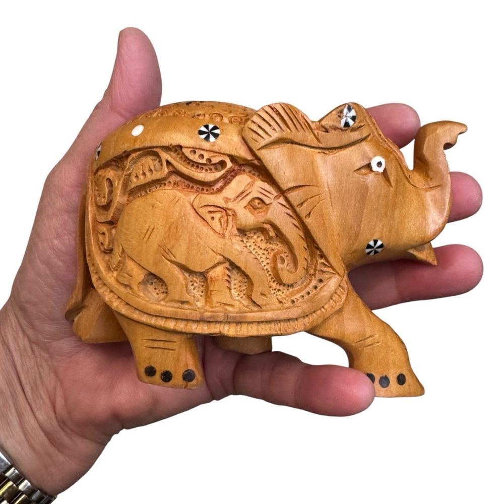 Hand Carved Wooden Elephant Intricate Details Smaller Elephant on Side